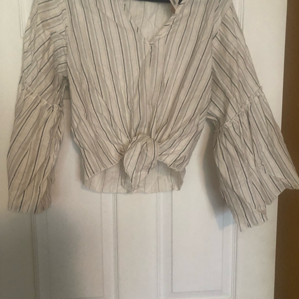 lavender field Cream Blouse with Black Pinstripes and Front Knot